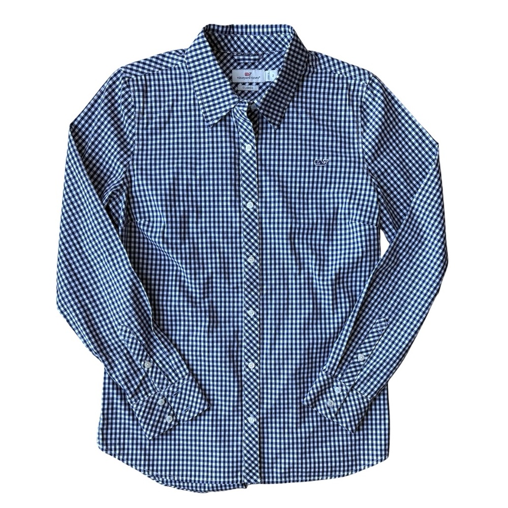 Vineyard Vines Women’s Gingham Blouse Classic Size 2 Blue and White